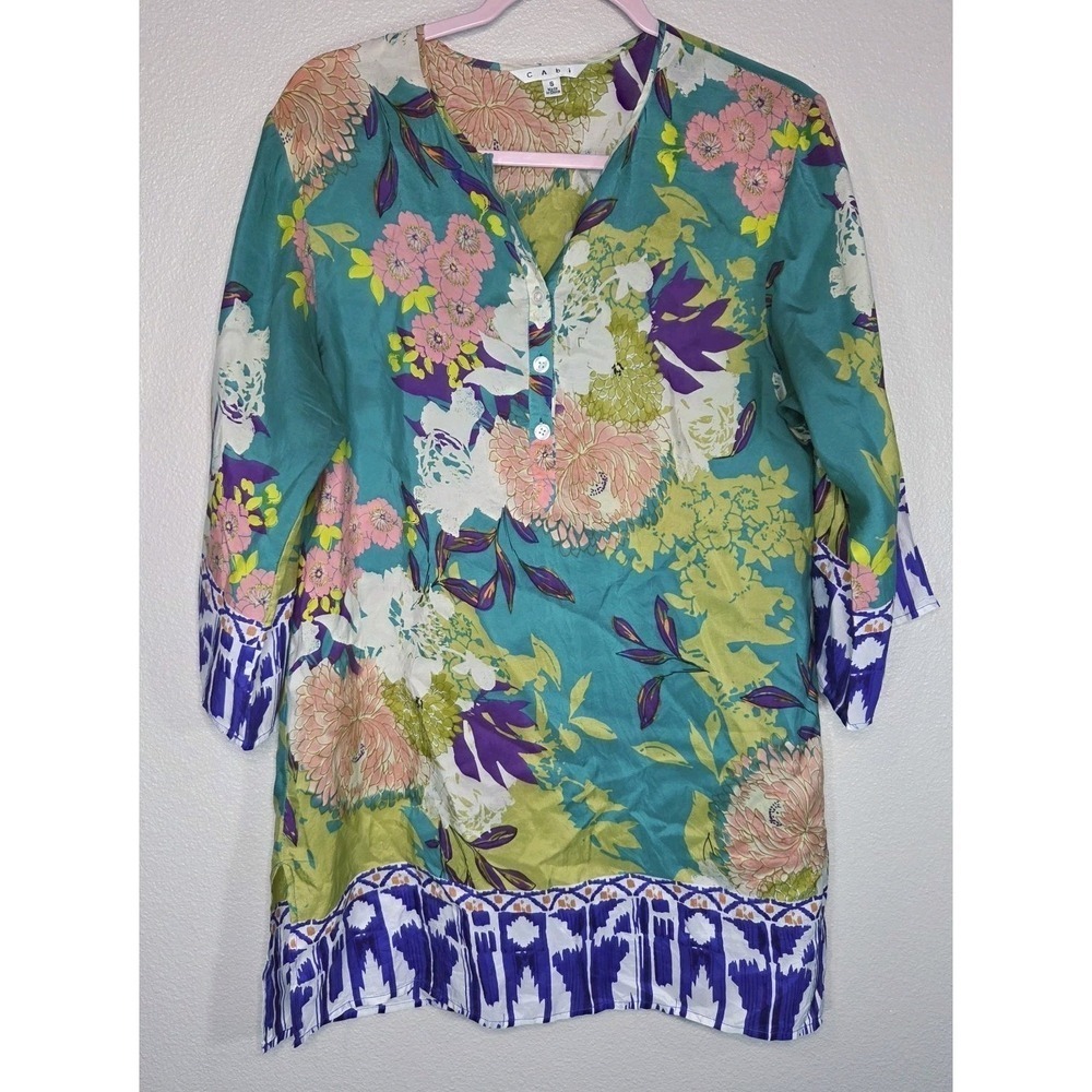 CAbi Silk Floral Tunic Blouse Size S Teal Pink Boho Border‎ Print Lightweight